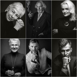 Robert Gołębiewski Fotografia portretowa - Kolaż sześciu czarno-białych portretów studyjnych, prezentujących różnorodne osoby w eleganckich strojach, uchwyconych w klasycznym stylu.