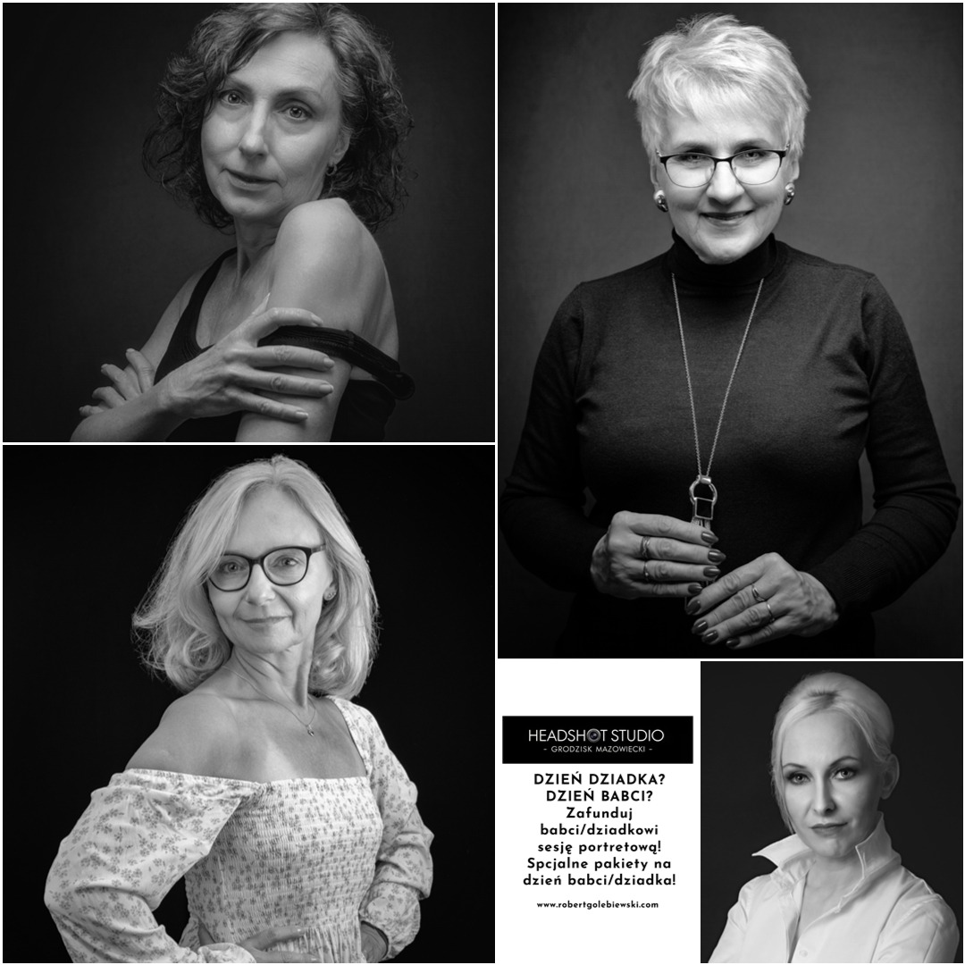 Czarno-biały kolaż portretowy czterech dojrzałych kobiet, zróżnicowane ujęcia i stylizacje, w tym oferta specjalna na sesje portretowe dla dziadków i babć.