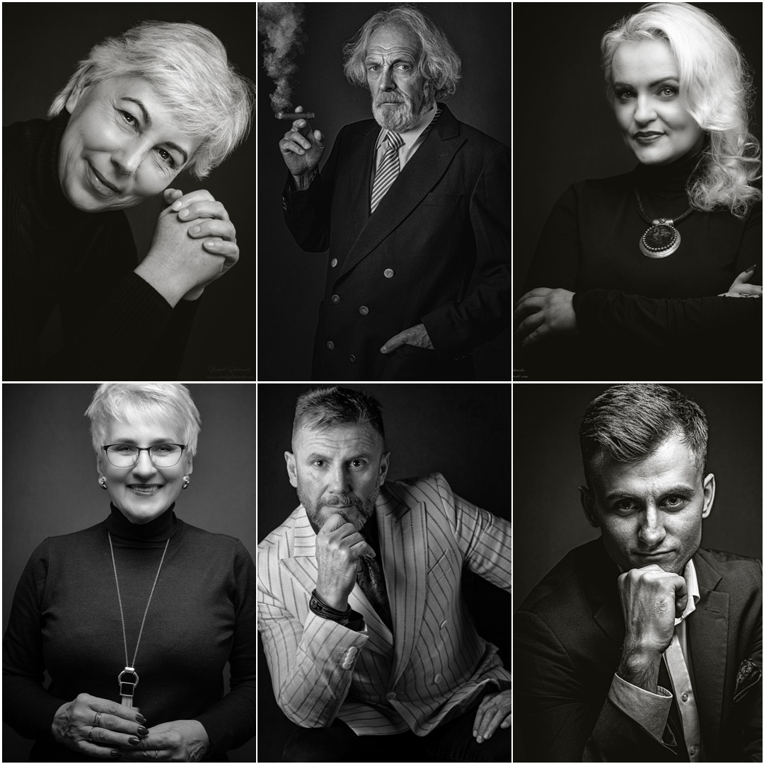 Kolaż sześciu czarno-białych portretów studyjnych, prezentujących różnorodne osoby w eleganckich strojach, uchwyconych w klasycznym stylu.