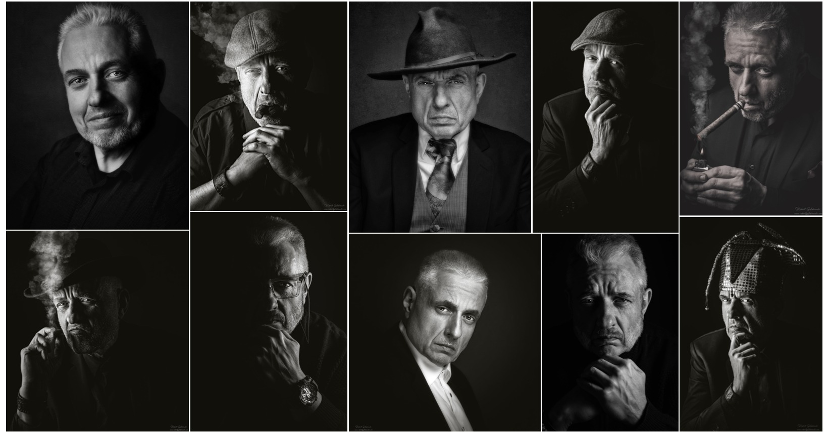 Czarno-biała kompozycja portretów mężczyzn w różnym wieku i stylach, z akcentem na ekspresję i grę światłocieni. Portrety w kapeluszach, z cygarami i w garniturach.