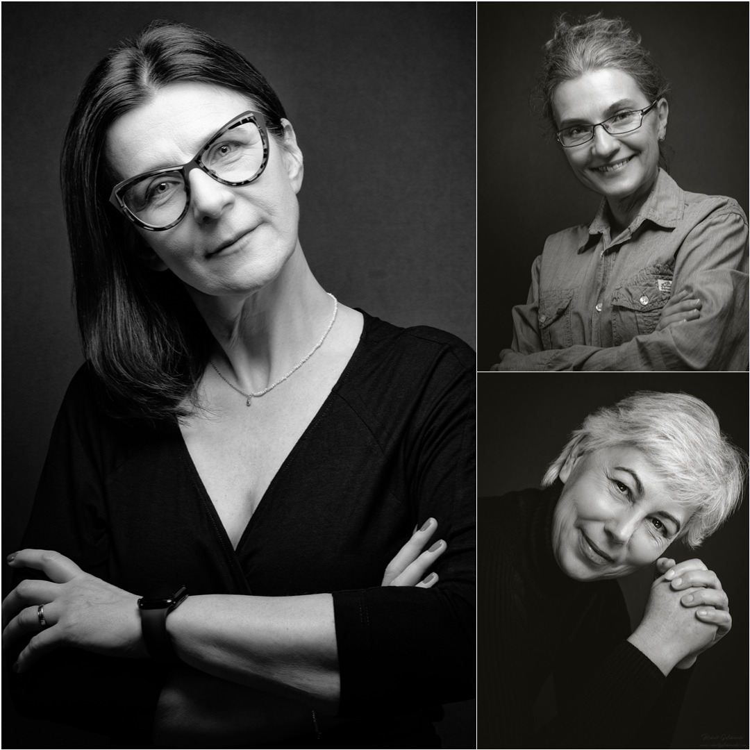 Czarno-biały kolaż portretowy trzech dojrzałych kobiet z uśmiechem, każda w innym stroju i z inną fryzurą, na ciemnym tle. Różne ujęcia i pozy.