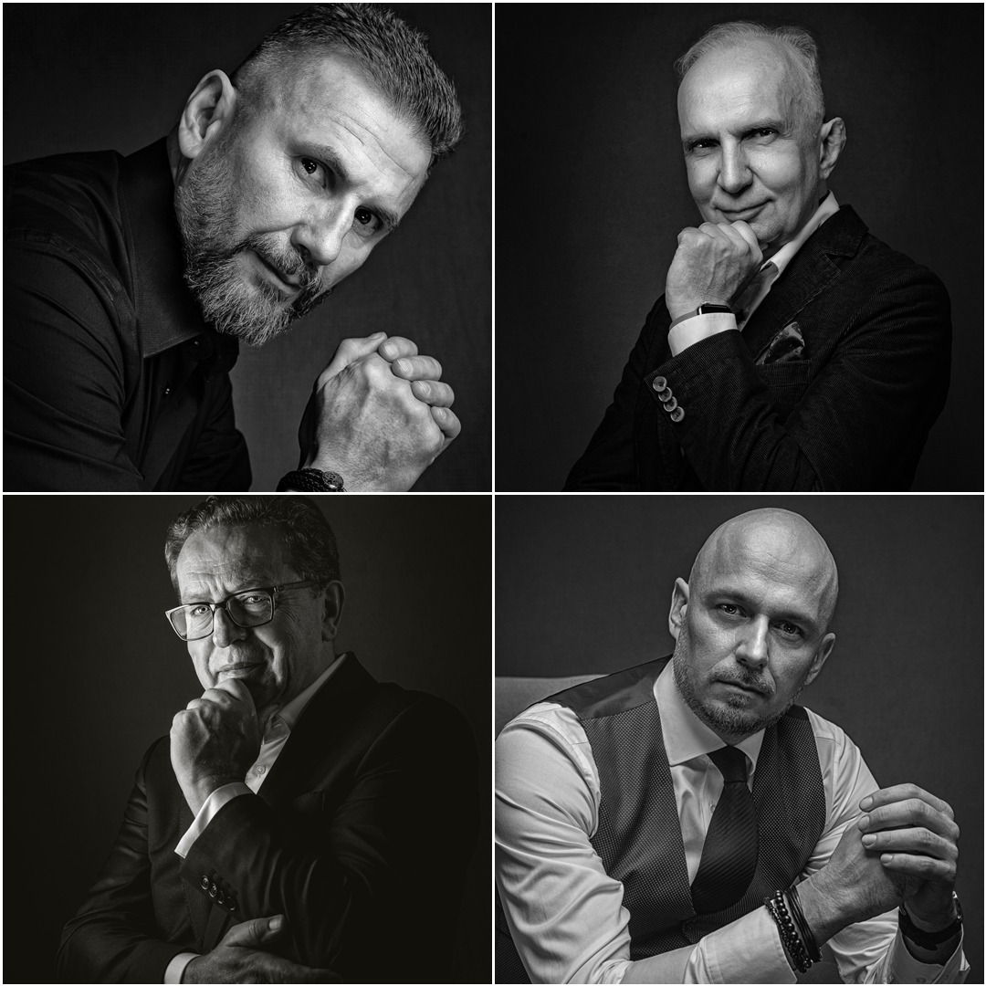 Czarno-biały kolaż portretowy: czterech mężczyzn w różnym wieku, ubranych w eleganckie stroje, pozujących na ciemnym tle. Różne ujęcia i style.