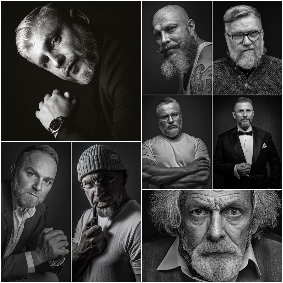 Czarno-biała mozaika portretów mężczyzn w różnym wieku i stylu, od eleganckiego garnituru po swobodny ubiór, zróżnicowane wyrazy twarzy i rekwizyty, profesjonalna sesja.