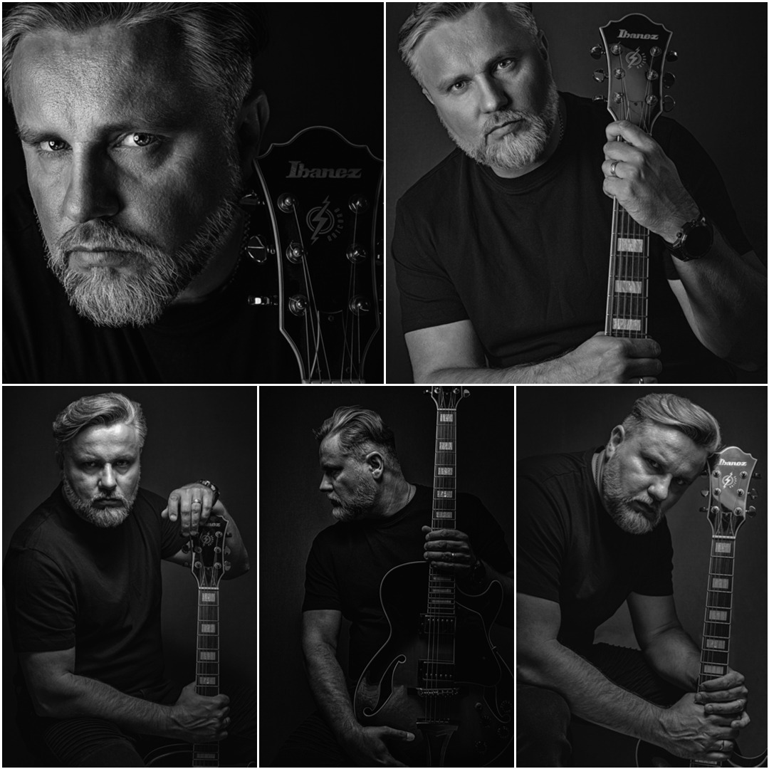 Czarno-biały kolaż portretowy mężczyzny z brodą i gitarą Ibanez, różne ujęcia i pozy, profesjonalne oświetlenie studyjne, artystyczny wyraz.