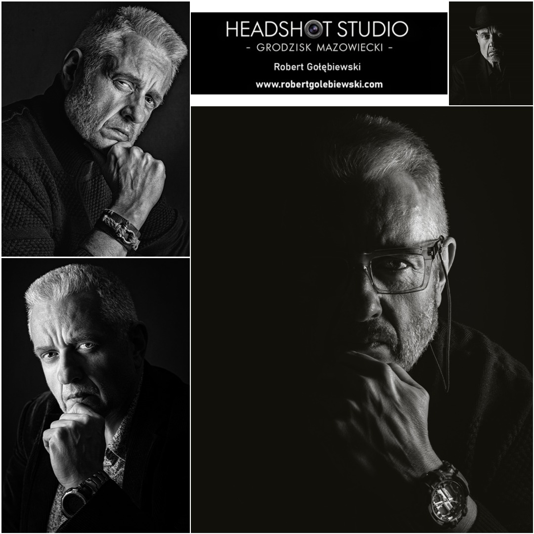 Czarno-biały kolaż portretowy mężczyzny z brodą, w różnych ujęciach i oświetleniach, z logo studia fotograficznego w tle. Wyraziste spojrzenie, detale faktury skóry.