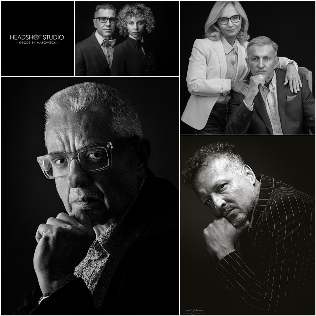 Czarno-biały kolaż portretów studyjnych, prezentujący różnorodne ujęcia par i pojedynczych osób w eleganckich strojach, z logo studia w lewym górnym rogu.