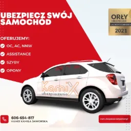 Grafika reklamowa: Biały SUV z logo 'Kamix ubezpieczenia' na tle czerwono-białym, oferowane OC, AC, NNW, Assistance, szyby, opony, nagroda Orły Ubezpieczeń 2021, numer telefonu i adres strony...
