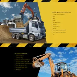 Strona internetowa firmy budowlanej z grafikami: koparka przy pracy, wywrotka z ziemią, koparko-ładowarka na tle błękitnego nieba.