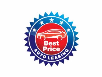 Graficzne logo z sylwetką samochodu w kolorze białym na czerwonym tle w otoczeniu napisu 'Best Price AUTO LEASING' i niebieskiej gwiazdy na białym tle.