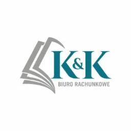 Logo firmy K&K Biuro Rachunkowe z graficznym symbolem otwartych ksiąg w odcieniach szarości i nazwą w kolorze morskim na białym tle.