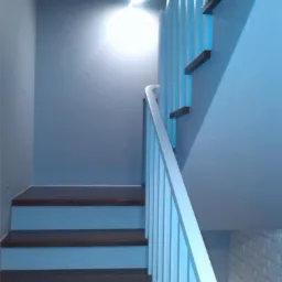 Klatka schodowa z drewnianymi stopniami i białą balustradą w odcieniach szarości i błękitu, oświetlona jasnym światłem od góry.