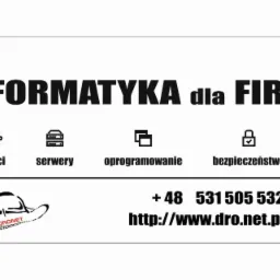 Grafika reklamowa firmy informatycznej Dronet z hasłem 'Informatyka dla Firm', ikonami sieci, serwerów, oprogramowania i bezpieczeństwa, numerem telefonu i adresem strony internetowej.