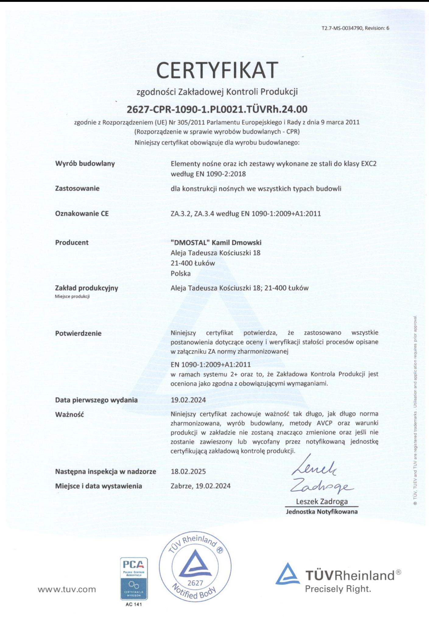 Skan certyfikatu zgodności Zakładowej Kontroli Produkcji dla elementów nośnych wykonanych ze stali, wydany przez TÜV Rheinland, zawierający dane producenta, datę wydania i ważności.