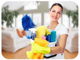 Uśmiechnięta kobieta w Łodzi trzymająca wiadro ze środkami czystości, w tym niebieską miotełką do kurzu, gąbkami i butelkami z rozpylaczami, na tle rozmytego wnętrza salonu z sofą i roślinami.