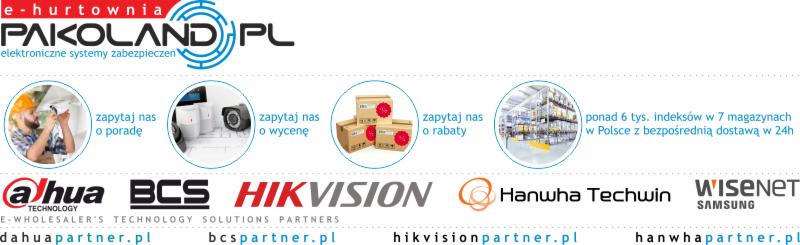 Baner reklamowy e-hurtowni Pakoland.pl z logo, hasłem 'elektroniczne systemy zabezpieczeń', ikonami przedstawiającymi instalatora, kamery, paczki i magazyn, oraz logotypami Dahua, BCS, Hikvision...