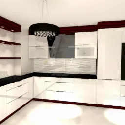 Wizualizacja kuchni z białymi, lakierowanymi frontami, czarnym blatem i okapem w kolorze grafitowym, oświetlona nowoczesną lampą z kryształkami.