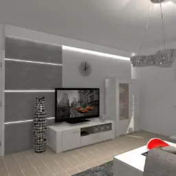 Wizualizacja salonu w odcieniach szarości z betonową ścianą z podświetleniem LED, nowoczesnym telewizorem i dekoracyjnym wazonem w kropki.