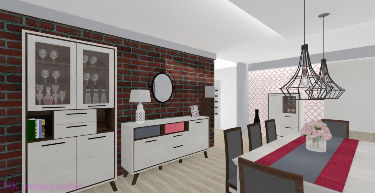 Wizualizacja jadalni z ceglaną ścianą, białymi meblami z drewnianymi nogami, przeszkloną witryną z zastawą, okrągłym lustrem i designerskimi lampami wiszącymi.