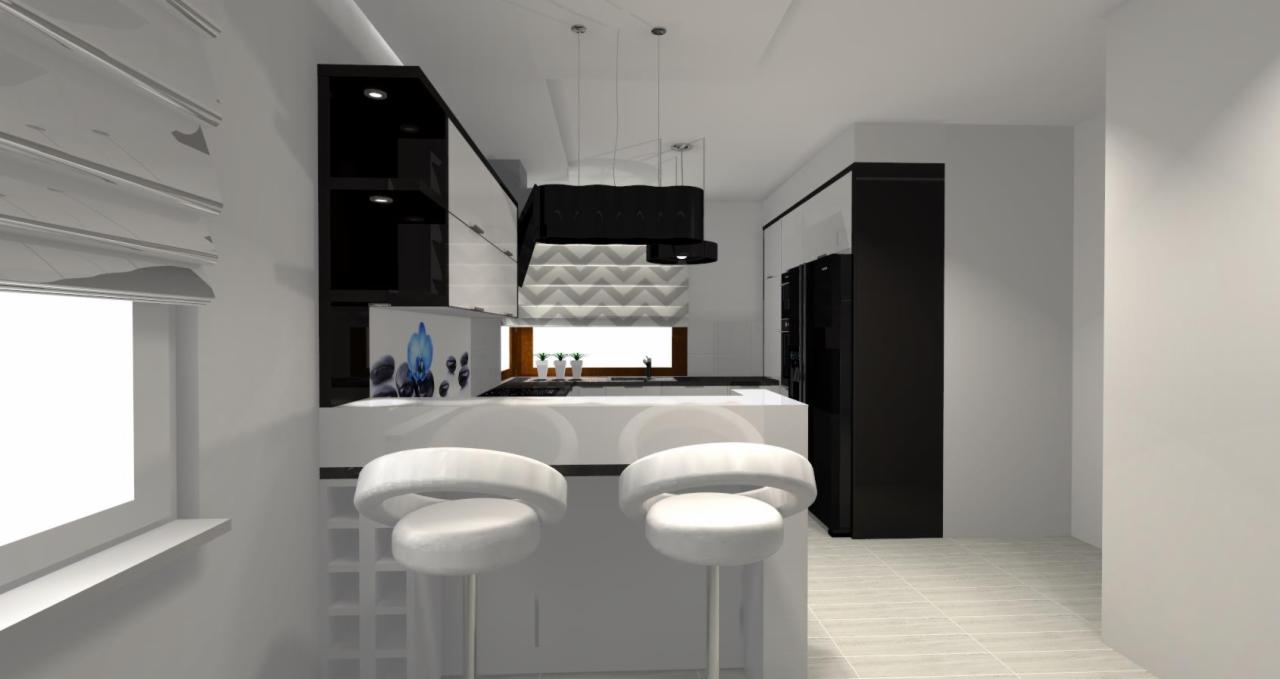 Wizualizacja nowoczesnej kuchni w czerni i bieli z wyspą i dwoma białymi hokerami, okno z roletą rzymską i dekoracyjną ścianą w tle.
