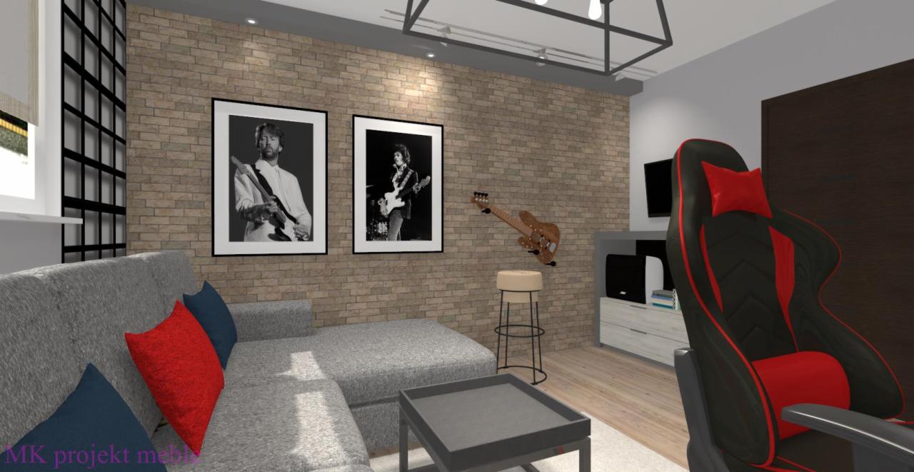 Wizualizacja pokoju młodzieżowego z ceglaną ścianą, szarą sofą z czerwonymi i niebieskimi poduszkami, plakatami muzyków, gitarą na ścianie i czarno-czerwonym fotelem gamingowym.