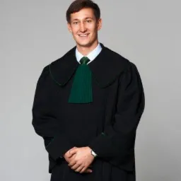 Portret młodego mężczyzny w todze adwokackiej z zielonym żabotem i zegarkiem na nadgarstku, stojącego na szarym tle.