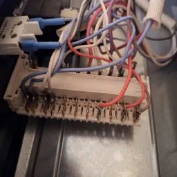 Widok z góry na podłączenie kabli wewnątrz urządzenia AGD, z widoczną listwą zaciskową i różnokolorowymi przewodami z końcówkami.