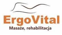 Pomarańczowe logo firmy ErgoVital z napisem 'Masaże, rehabilitacja' poniżej nazwy.