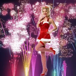 Uśmiechnięta kobieta w czerwonym kostiumie i pończochach w paski, pozująca na tle kolorowych fajerwerków.