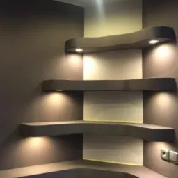 Narożne, podświetlane półki z płyty karton gips w odcieniach szarości, z zaokrąglonymi krawędziami, zamontowane na ścianie w pokoju.