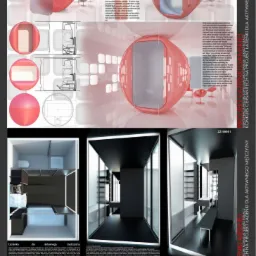 Plansza konkursowa prezentująca projekt łazienki dla aktywnej kobiety i mężczyzny, z wizualizacjami 3D, rzutami i opisami, w minimalistycznej stylistyce.