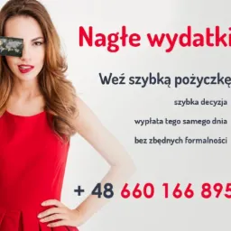 Kobieta w czerwonej sukience zasłania oko kartą płatniczą na tle tekstu o szybkiej pożyczce i numeru telefonu.