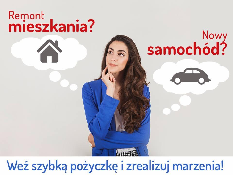 Kobieta w niebieskiej marynarce zamyślona, obok niej dymki z ikonami domu i samochodu, na dole napis: Weź szybką pożyczkę i zrealizuj marzenia!