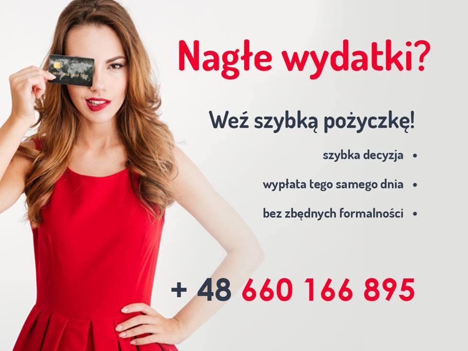 Kobieta w czerwonej sukience zasłania oko kartą płatniczą na tle tekstu o szybkiej pożyczce i numeru telefonu.