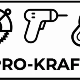 Czarno-białe ikony narzędzi: piła tarczowa, wiertarka, klucz płaski, nad napisem PRO-KRAFT w ramce.