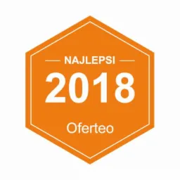 Pomarańczowy sześciokąt z napisem 'Najlepsi 2018 Oferteo' na białym tle.