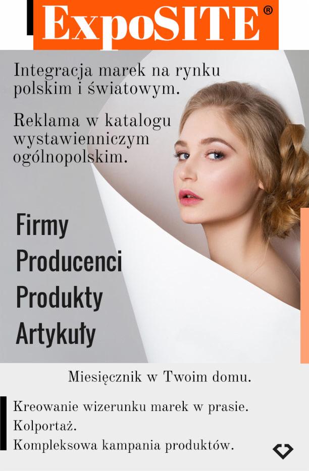 Reklama katalogu wystawienniczego ExpoSITE z wizerunkiem kobiety, promująca integrację marek i kompleksowe kampanie produktowe.