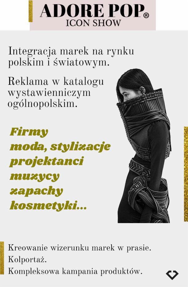 Grafika reklamowa z kobietą w awangardowej stylizacji z plecionki, promująca integrację marek i reklamę w katalogu wystawienniczym.