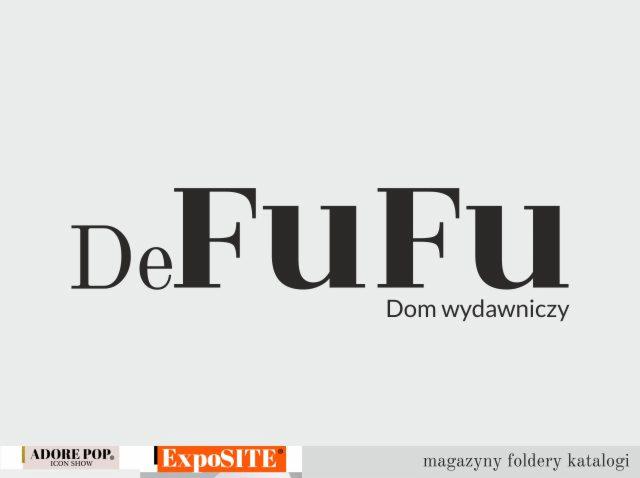 Logo firmy wydawniczej DeFuFu z dopiskiem 'Dom wydawniczy' oraz informacją o magazynach, folderach i katalogach w dolnej części.