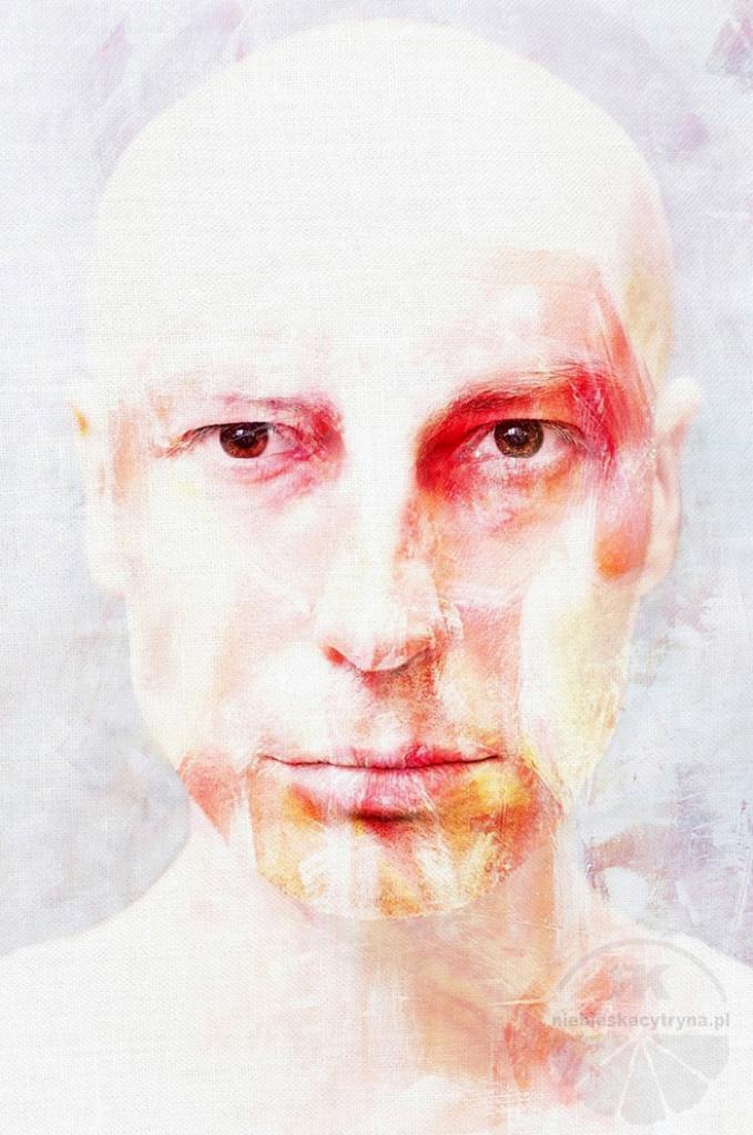 Abstrakcyjny portret łysiejącego mężczyzny z czerwonymi akcentami, przypominający malarstwo olejne, wykonany przez fotografa z Goleniowa.