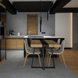 Nowoczesna kuchnia z czarnymi, lakierowanymi frontami i drewnianymi akcentami. Centralnie stół z krzesłami, betonowa ściana i drewniane żaluzje w oknie.