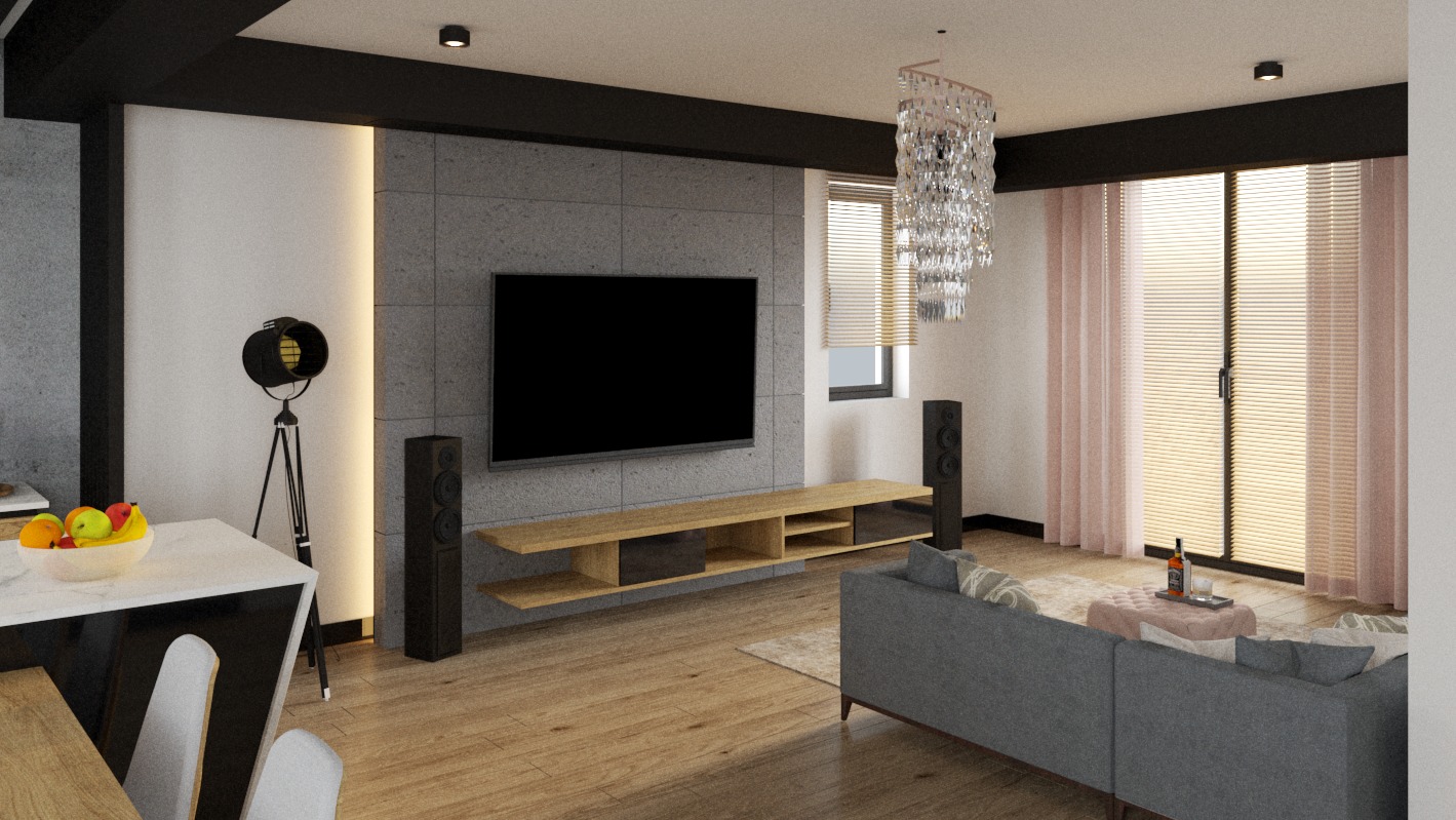 Nowoczesny salon z szarą sofą, ścianą z telewizorem, drewnianą podłogą i lampą studyjną. Minimalistyczny design z akcentami w postaci owoców i kryształowego żyrandola.