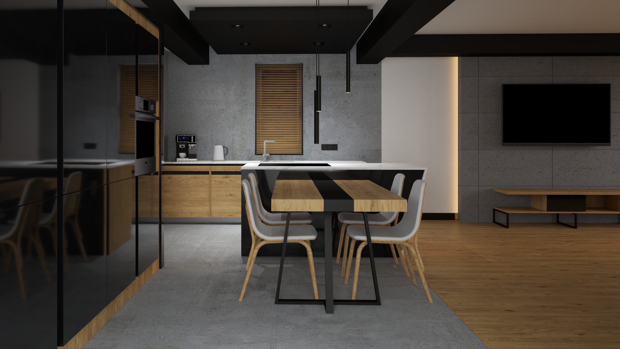 Nowoczesna kuchnia z czarnymi, lakierowanymi frontami i drewnianymi akcentami. Centralnie stół z krzesłami, betonowa ściana i drewniane żaluzje w oknie.