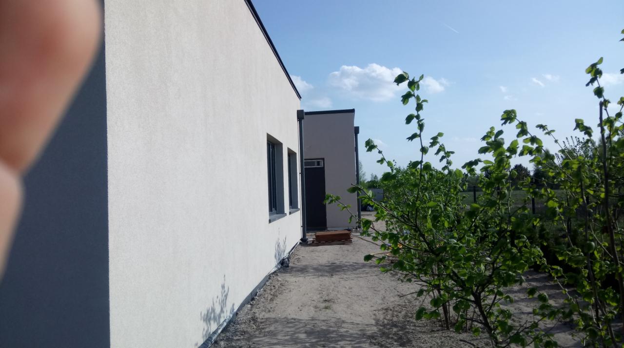 Jasna elewacja domu jednorodzinnego z widocznymi oknami i fragmentem zieleni, świeżo po nałożeniu tynku.