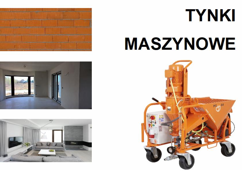 Kompozycja zdjęć: mur z cegły, surowy stan wnętrza po tynkowaniu, elegancki salon oraz pomarańczowa maszyna do nakładania zaprawy.