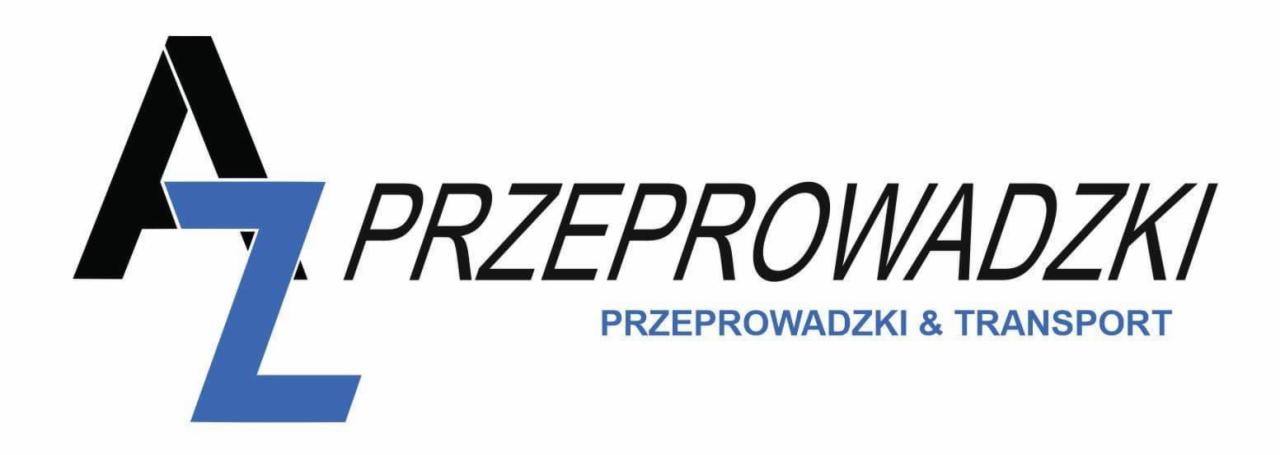 Logo firmy przeprowadzkowej z czarno-niebieskim symbolem graficznym i napisem 'PRZEPROWADZKI PRZEPROWADZKI & TRANSPORT' na białym tle.