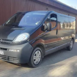 Czarny samochód dostawczy Opel Vivaro zaparkowany na brukowanej ulicy przed brązowymi garażami w słoneczny dzień.