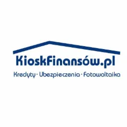 Niebieskie logo KioskFinansów.pl z hasłem: Kredyty, Ubezpieczenia, Fotowoltaika, umieszczone na białym tle.