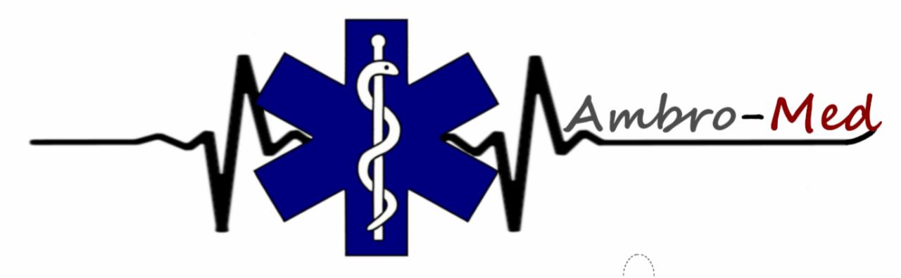 Logo firmy Ambro-Med z symbolem Eskulapa w niebieskiej gwieździe życia i stylizowanym wykresem EKG.