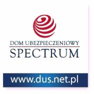 Logo Domu Ubezpieczeniowego Spectrum z adresem strony internetowej www.dus.net.pl na niebieskim pasku.