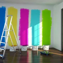Wnętrze pokoju z pomalowanymi pionowymi pasami w kolorach: niebieskim, żółtym, różowym, błękitnym i zielonym, z białą rozkładaną drabiną, wiadrami z farbą i kuwetą malarską na drewnianej podłodze...